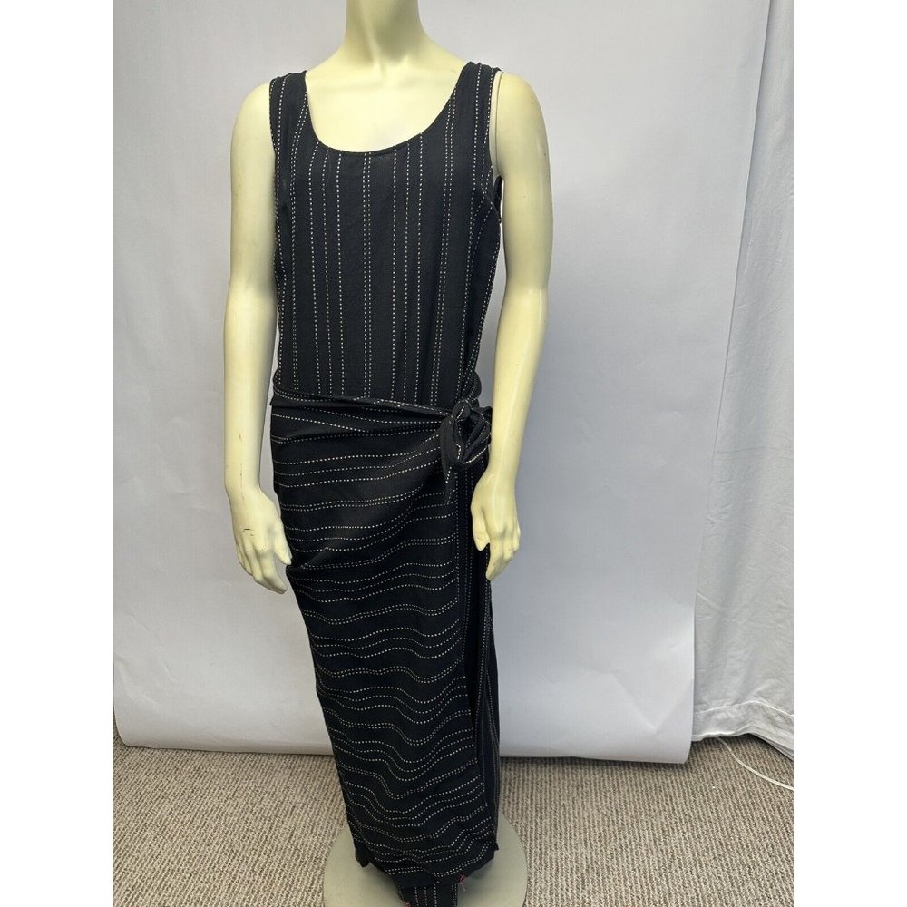 Jaeger Maxi‎ Dress Dark Navy Striped Linen Blend Sz 12 With Unique Tied Overlay